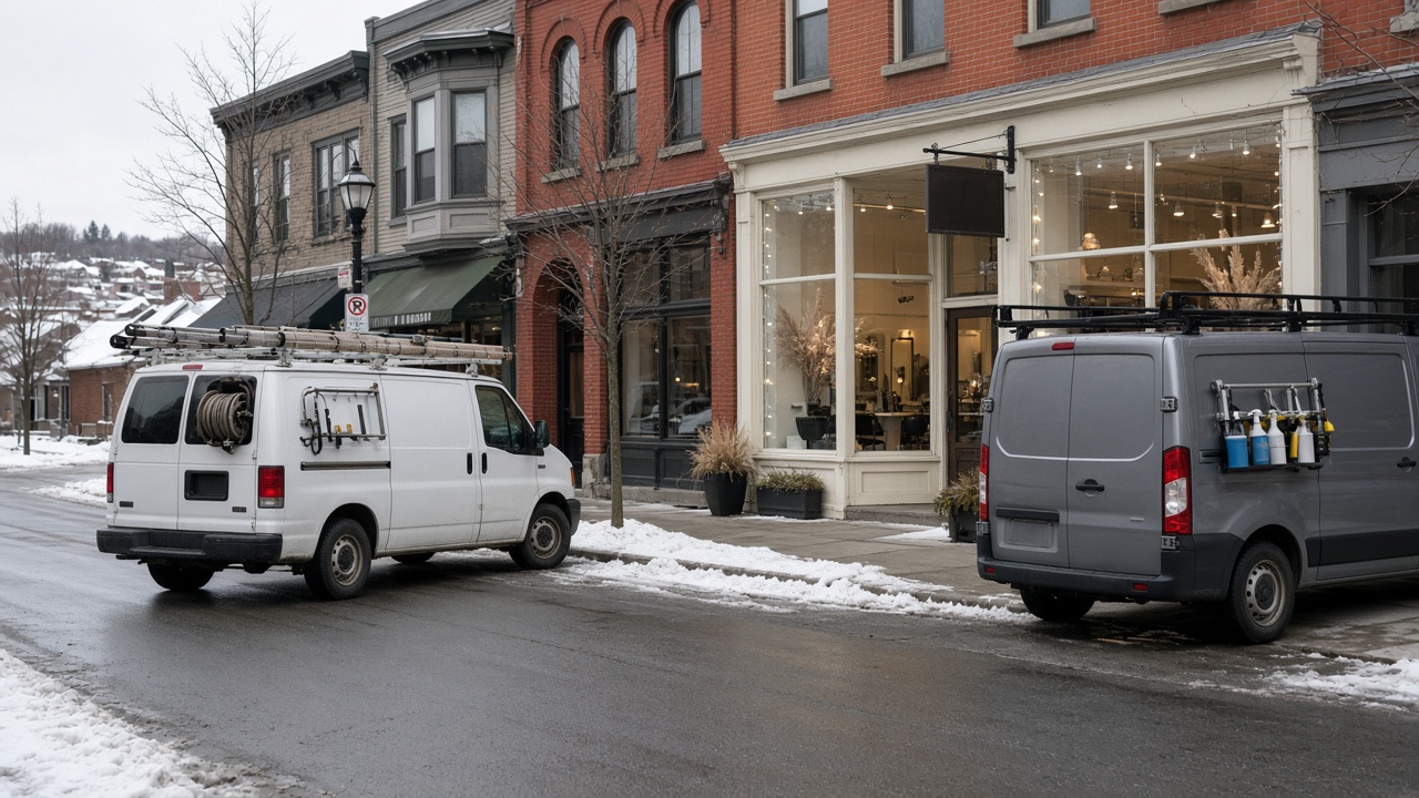 Ordinary Canadian storefronts and trade vans on a main street.